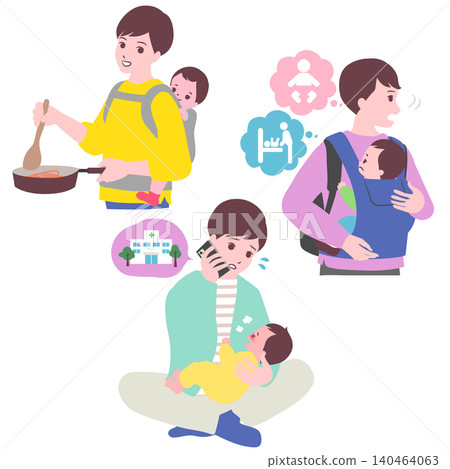 【人生階段】一組描繪男性做家事和照顧孩子(煮飯、換尿布、哺乳)的插圖。 【人生階段】一組描繪男性做家事和照顧孩子(煮飯、換尿布、哺乳)的插圖。 140464063