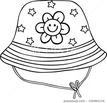 Groovy 4th of July outline, Bucket Hat Illustration with Flower and Stars Doodle Hand Drawn 140464134