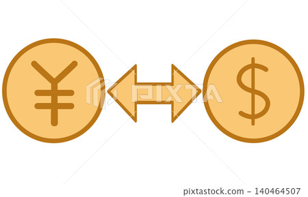An illustration of currency exchange showing yen and dollar coins connected by a double-headed arrow. An illustration of currency exchange showing yen and dollar coins connected by a double-headed arrow. 140464507