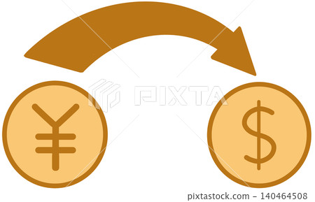 An illustration of currency exchange, represented by a curved arrow pointing from yen to dollars. 140464508