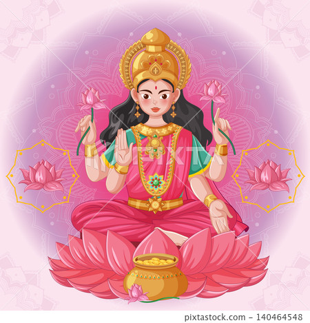 Hindu Goddess of Wealth Seated on Lotus with Gold Coin Pot Hindu Goddess of Wealth Seated on Lotus with Gold Coin Pot 140464548