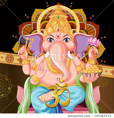 Colorful Hindu Deity Ganesha Holding Sacred Objects on Decorative Background Colorful Hindu Deity Ganesha Holding Sacred Objects on Decorative Background 140464553