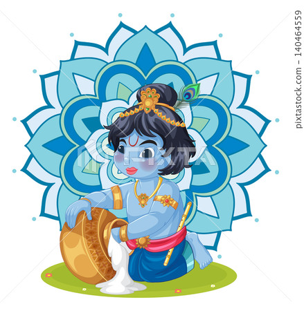 Vector Illustration of Little Blue Deity with Butter Pot and Mandala Vector Illustration of Little Blue Deity with Butter Pot and Mandala 140464559