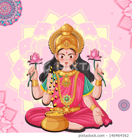 Vector Illustration of Hindu Goddess Lakshmi with Gold Coins and Lotus Vector Illustration of Hindu Goddess Lakshmi with Gold Coins and Lotus 140464562