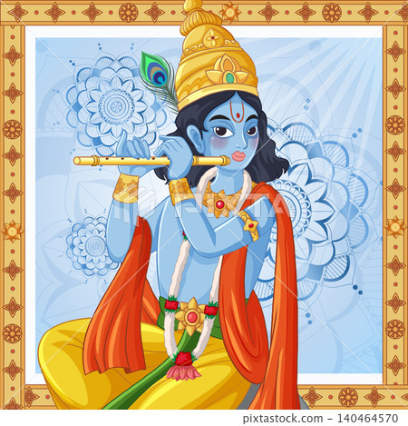 Vector Illustration of Blue Hindu Deity Playing a Golden Flute Vector Illustration of Blue Hindu Deity Playing a Golden Flute 140464570