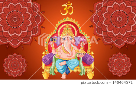 Vector Illustration of Elephant Headed Hindu Deity Ganesha on Golden Throne 140464571