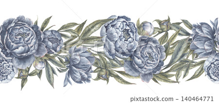 Watercolor navy blue peony flowers botanical seamless border. Hand drawn garland with leaves and bud in vintage delicate style. Floral design for romantic wedding card or decorative divider template. Watercolor navy blue peony flowers botanical seamless border. Hand drawn garland with leaves and bud in vintage delicate style. Floral design for romantic wedding card or decorative divider template. 140464771
