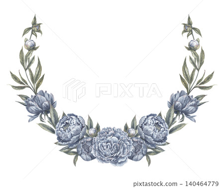 Indigo blue peony flower half round wreath botanical illustration. Hand drawn watercolor bouquet with leaves and bud in vintage style. Floral frame design for wedding invitation or logo template. Indigo blue peony flower half round wreath botanical illustration. Hand drawn watercolor bouquet with leaves and bud in vintage style. Floral frame design for wedding invitation or logo template. 140464779
