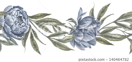 Watercolor navy blue peony flower botanical seamless border. Hand drawn garland with leaves and bud in vintage delicate style. Floral design for romantic wedding card or decorative divider template. Watercolor navy blue peony flower botanical seamless border. Hand drawn garland with leaves and bud in vintage delicate style. Floral design for romantic wedding card or decorative divider template. 140464782