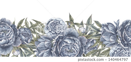 Watercolor navy blue peony flower botanical seamless border. Hand drawn garland with leaves and bud in vintage delicate style. Floral design for romantic wedding card or lower divider template. Watercolor navy blue peony flower botanical seamless border. Hand drawn garland with leaves and bud in vintage delicate style. Floral design for romantic wedding card or lower divider template. 140464797