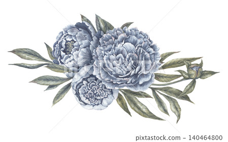 Watercolor indigo blue peony flower botanical arrangement. Hand drawn bouquet with leaves and bud in vintage style. Floral design for wedding invitation. Romantic garden card decorative art element. Watercolor indigo blue peony flower botanical arrangement. Hand drawn bouquet with leaves and bud in vintage style. Floral design for wedding invitation. Romantic garden card decorative art element. 140464800