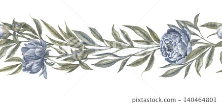 Watercolor indigo blue peony flower botanical seamless border. Hand drawn garland with leaves and bud in vintage delicate style. Floral design for romantic wedding card or decorative divider template. Watercolor indigo blue peony flower botanical seamless border. Hand drawn garland with leaves and bud in vintage delicate style. Floral design for romantic wedding card or decorative divider template. 140464801
