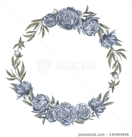 Indigo blue peony flower round wreath botanical illustration. Hand drawn watercolor bouquet with leaves and bud in vintage delicate style. Floral frame design for wedding invitation or logo template. Indigo blue peony flower round wreath botanical illustration. Hand drawn watercolor bouquet with leaves and bud in vintage delicate style. Floral frame design for wedding invitation or logo template. 140464806