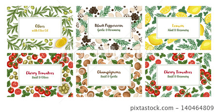 Vegetable food card background set vector illustration. Hand drawn tomato cherry with olive oil and mushroom. Organic kitchen menu design for natural market. Green farm product packaging template. Vegetable food card background set vector illustration. Hand drawn tomato cherry with olive oil and mushroom. Organic kitchen menu design for natural market. Green farm product packaging template. 140464809