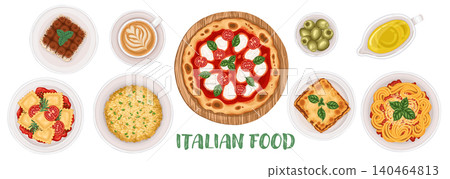 Italian food set top view vector cartoon illustration. Hand drawn pizza and spaghetti graphic for pasta menu and restaurant template. Risotto and lasagne art for mediterranean cafe delivery packaging. Italian food set top view vector cartoon illustration. Hand drawn pizza and spaghetti graphic for pasta menu and restaurant template. Risotto and lasagne art for mediterranean cafe delivery packaging. 140464813