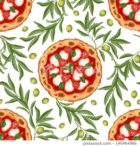 Pizza napolitana with olive vector seamless pattern. Hand drawn top view meal on white background. Traditional italian food for pizzeria card design. Culinary floral ornament for paper and textile. Pizza napolitana with olive vector seamless pattern. Hand drawn top view meal on white background. Traditional italian food for pizzeria card design. Culinary floral ornament for paper and textile. 140464966