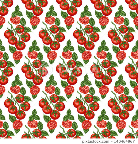 Tomato cherry branch and basil leaf vector seamless pattern. Hand drawn vegetable rhomb on white background. Organic food for restaurant menu design. Natural kitchen print for wallpaper and textile. Tomato cherry branch and basil leaf vector seamless pattern. Hand drawn vegetable rhomb on white background. Organic food for restaurant menu design. Natural kitchen print for wallpaper and textile. 140464967