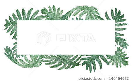 Tropical leaves rectangular frame Philodendron Selloum watercolor botanical illustration. Hand drawn green foliage texture with copy space. Floral nature design for garden card decorative template. Tropical leaves rectangular frame Philodendron Selloum watercolor botanical illustration. Hand drawn green foliage texture with copy space. Floral nature design for garden card decorative template. 140464982