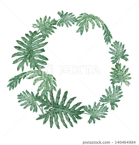 Watercolor tropical leaves round wreath. Hand drawn green foliage circle with detailed texture and realistic plant form. Floral design for garden card. Nature greenery template for botanical art. 140464984