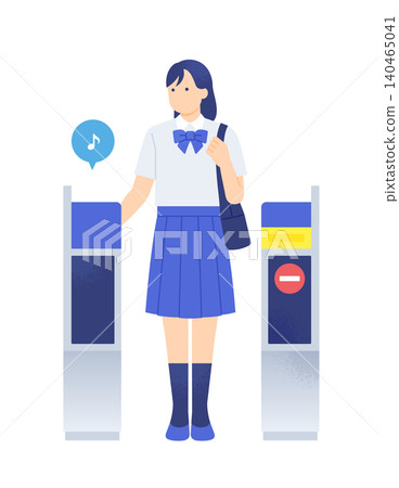 Full-body illustration of a female student in summer uniform touching her card at the ticket gate on her way to school. Full-body illustration of a female student in summer uniform touching her card at the ticket gate on her way to school. 140465041