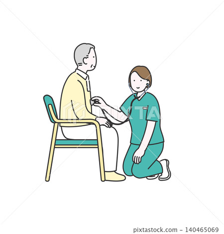 Home nursing care: Illustration of a nurse examining a senior male with a stethoscope. Home nursing care: Illustration of a nurse examining a senior male with a stethoscope. 140465069