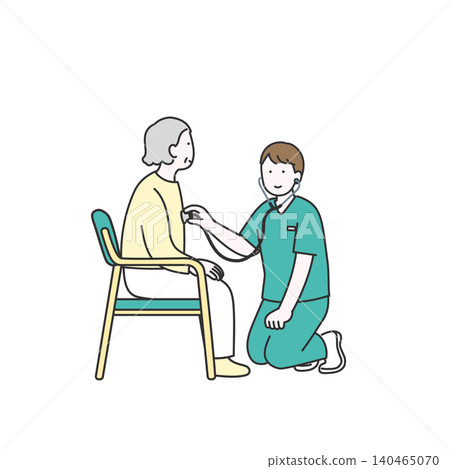 Home nursing illustration: A visiting nurse performs a health check on an elderly woman. Home nursing illustration: A visiting nurse performs a health check on an elderly woman. 140465070