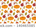 A rich autumn harvest-themed pattern featuring a large round pumpkin, rowan berries, chestnut, Hokkaido pumpkin, mini pumpkin 140465085