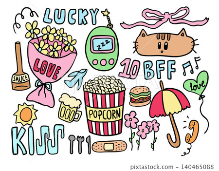 Vector illustration of kid drawing elements such as flower bouquet, cat, pink ribbon, popcorn, beer glass, umbrella, flowers, band aid, burger, fork, spoon and knife, sun, sauce bottle, balloon, plane Vector illustration of kid drawing elements such as flower bouquet, cat, pink ribbon, popcorn, beer glass, umbrella, flowers, band aid, burger, fork, spoon and knife, sun, sauce bottle, balloon, plane 140465088