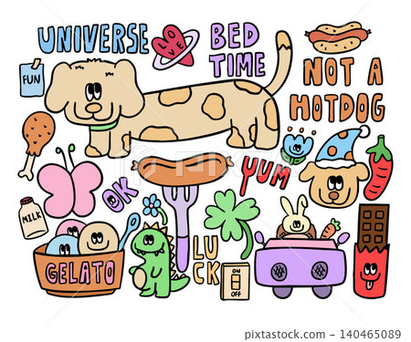 Vector illustrations of kid drawing elements such as puppy, fried chicken, hotdog, sausage and fork, milk bottle, butterfly, gelato ice cream cup, dinosaur doll, clover leak, switch on and off, bunny Vector illustrations of kid drawing elements such as puppy, fried chicken, hotdog, sausage and fork, milk bottle, butterfly, gelato ice cream cup, dinosaur doll, clover leak, switch on and off, bunny 140465089