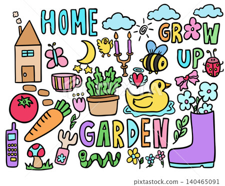 Vector illustration of kid drawing elements such as home, butterfly, moon, stars, tomato, carrot, garden boots, flowers, bee, duck, candle, bird, cloud, worm, mobile phone, mushroom, tea mug, ladybug Vector illustration of kid drawing elements such as home, butterfly, moon, stars, tomato, carrot, garden boots, flowers, bee, duck, candle, bird, cloud, worm, mobile phone, mushroom, tea mug, ladybug 140465091