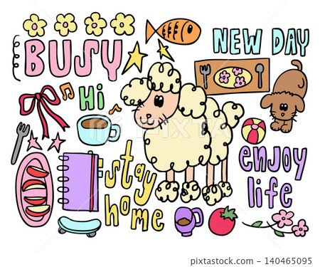 Vector illustration of kid drawing elements such as sheep, puppy, fish, hot coffee cup, notebook, plate with flower print, spoon and fork set, red ribbon, pieces of apples on plate, skateboard, tomato Vector illustration of kid drawing elements such as sheep, puppy, fish, hot coffee cup, notebook, plate with flower print, spoon and fork set, red ribbon, pieces of apples on plate, skateboard, tomato 140465095
