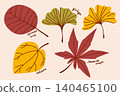 Collection of Japanese leaves with hand-drawn doodle lines, autumn clip art of tree leaves and branches 140465100
