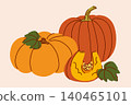 A composition of two pumpkins and a slice of butternut squash with pulp and seeds among pumpkin leaves, clip art orange vegetables for Halloween and Thanksgiving 140465101