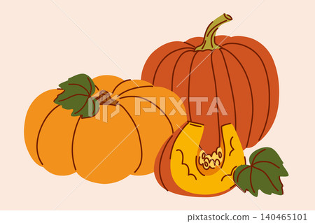 A composition of two pumpkins and a slice of butternut squash with pulp and seeds among pumpkin leaves, clip art orange vegetables for Halloween and Thanksgiving A composition of two pumpkins and a slice of butternut squash with pulp and seeds among pumpkin leaves, clip art orange vegetables for Halloween and Thanksgiving 140465101