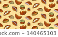 Rich multicolor pattern with crispy French pastries on a vanilla background, doodle croissants 140465103