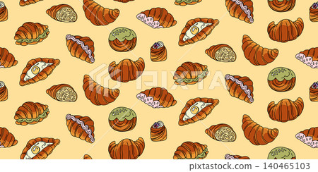 Rich multicolor pattern with crispy French pastries on a vanilla background, doodle croissants Rich multicolor pattern with crispy French pastries on a vanilla background, doodle croissants 140465103