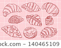 A set of hand-drawn outline croissants on a pink checkered background, cruffin, coin, flat croissant, puff pastry of different shapes and sizes, design set 140465109