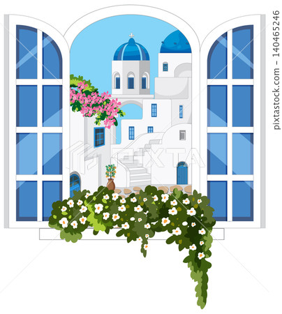 Mediterranean Coastal Village View Through Open White Arched Window Mediterranean Coastal Village View Through Open White Arched Window 140465246