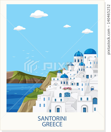Vector Illustration of Mediterranean Coastal Village with Blue Domed Architecture Vector Illustration of Mediterranean Coastal Village with Blue Domed Architecture 140465252