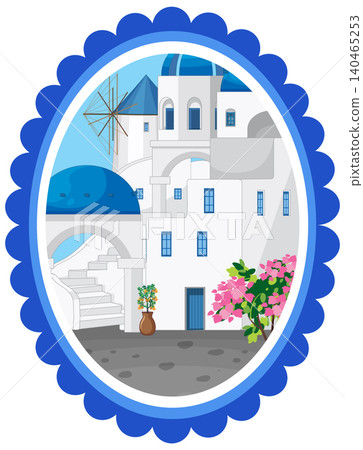 Mediterranean Greek Island Village Vector Illustration with Blue Domes and Windmill Mediterranean Greek Island Village Vector Illustration with Blue Domes and Windmill 140465253