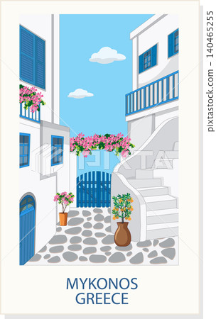 Mediterranean Village Street with White Buildings and Blue Shutters Mediterranean Village Street with White Buildings and Blue Shutters 140465255