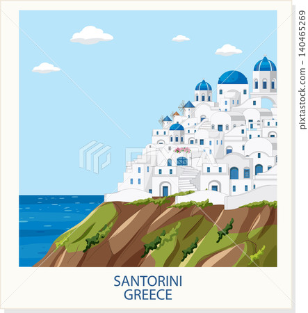 Vector Illustration of Mediterranean Coastal Village with Blue Domed Buildings Vector Illustration of Mediterranean Coastal Village with Blue Domed Buildings 140465269