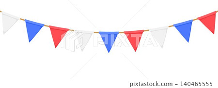 USA flag color garland chain. White, blue, red color flags string decoration for Independence day banner, 4th of July party poster. American patriotic pennon bunting. Vector triangle pennants 140465555
