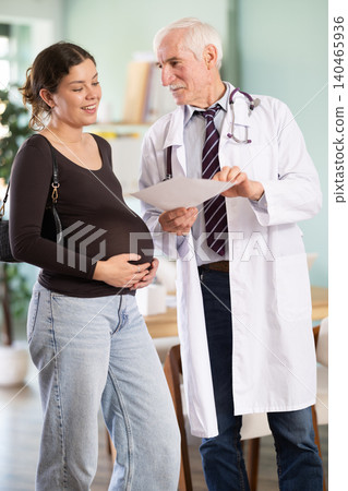 Professional polite elderly male doctor in white medical coat discussing prescription and explaining results of medical test for pregnant female patient standing in office of medical center Professional polite elderly male doctor in white medical coat discussing prescription and explaining results of medical test for pregnant female patient standing in office of medical center 140465936