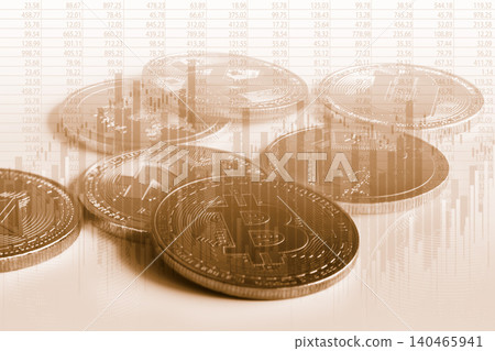 Modern way of exchange. Bitcoin is convenient payment in global economy market. Virtual digital currency and financial investment trade concept. Abstract cryptocurrency with gold bitcoin background. Modern way of exchange. Bitcoin is convenient payment in global economy market. Virtual digital currency and financial investment trade concept. Abstract cryptocurrency with gold bitcoin background. 140465941