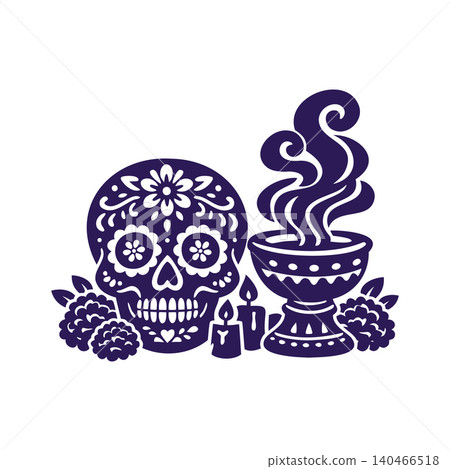 Day of the Dead Sugar Skull with Incense Copal and Marigold Silhouette 140466518