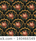 Seamless botanical trellis pattern with chrysanthemum bouquets in red, cream and gold on dark background. Ornate wavy ogee grid in amber. Elegant dark academia style for wallpaper, fabric, decor. 140466549