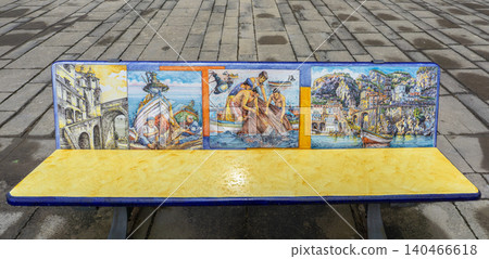 Concrete bench adorned with a colored ceramic mosaic. Typical of the Amalfi Coast, Italy. Concrete bench adorned with a colored ceramic mosaic. Typical of the Amalfi Coast, Italy. 140466618
