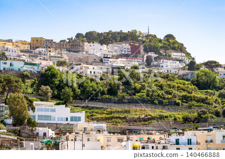 Coastal slopes of the island Capri with luxurious villas located on them. 140466888