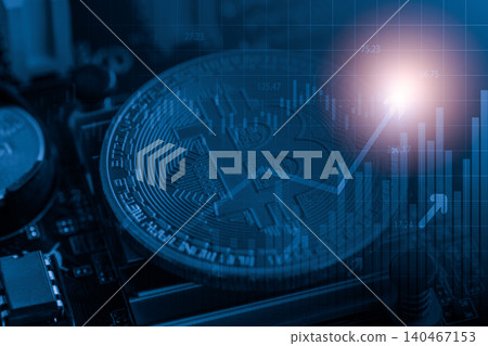 Modern way of exchange. Bitcoin is convenient payment in global economy market. Virtual digital currency and financial investment trade concept. Abstract cryptocurrency with gold bitcoin background. Modern way of exchange. Bitcoin is convenient payment in global economy market. Virtual digital currency and financial investment trade concept. Abstract cryptocurrency with gold bitcoin background. 140467153